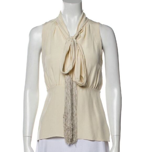 Derek Lam Cream Silk Sleeveless Fringe Tie Blouse Top Size 4 IT 40 - Picture 2 of 13